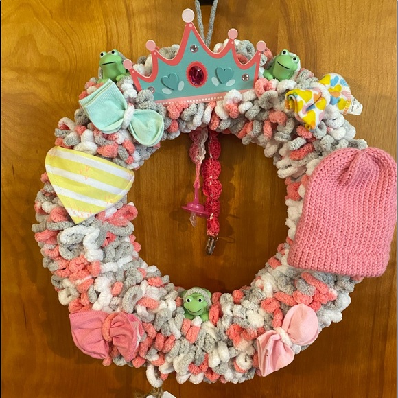 Handmade Wreath Baby Girl. Socks, Washcloth, Toys, Paci w/ Clip, Bib, Hat - Picture 2 of 2